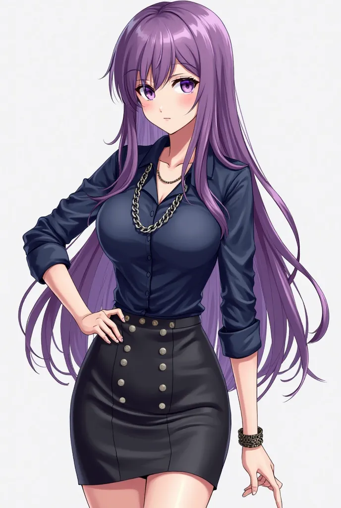 Draw a woman with long, loose purple hair wearing an office dress miniskirt and a dark blue shirt, I also want her to have a necklace and purple eyes. The sleeve from the arm to the wrist, Who has bigger breasts. Besides, it would be nice if I didn't have ...