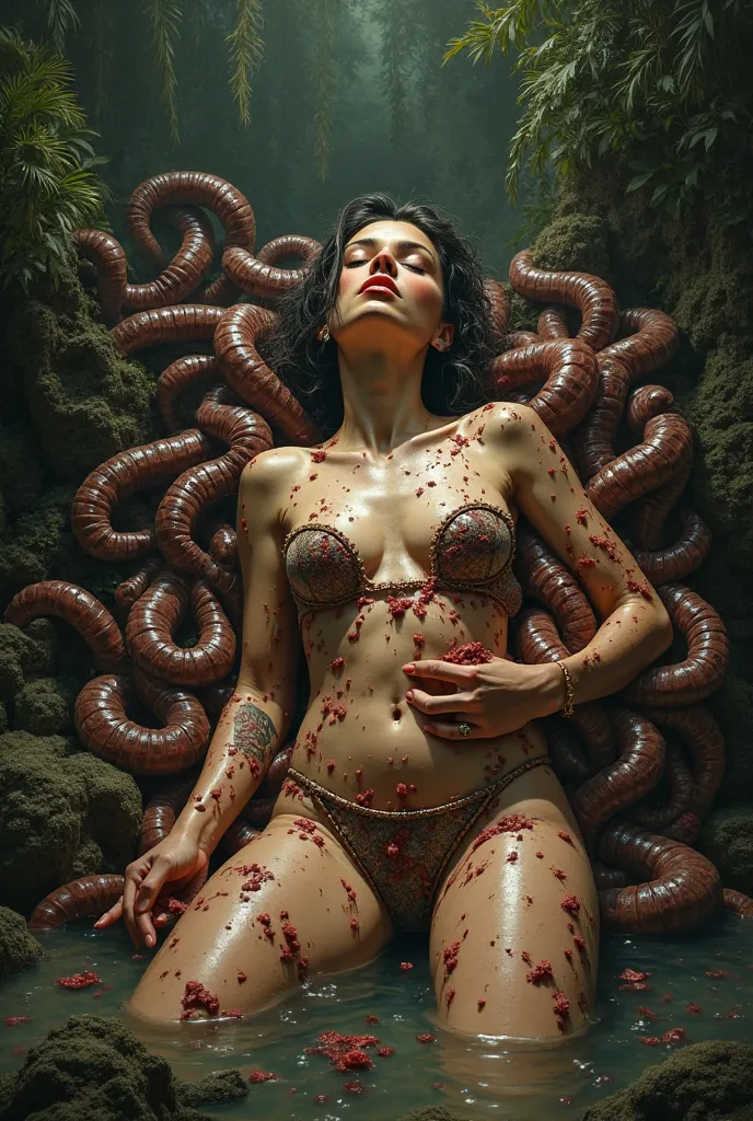 top quality、masterpiece、Realistically、a seductive woman sink in uncountable huge earthworms, her features aglow with rapturous pleasure as uncountable Earthworms are invading into her holes. uncountable huge Earthworms are covering her whole body. She clos...