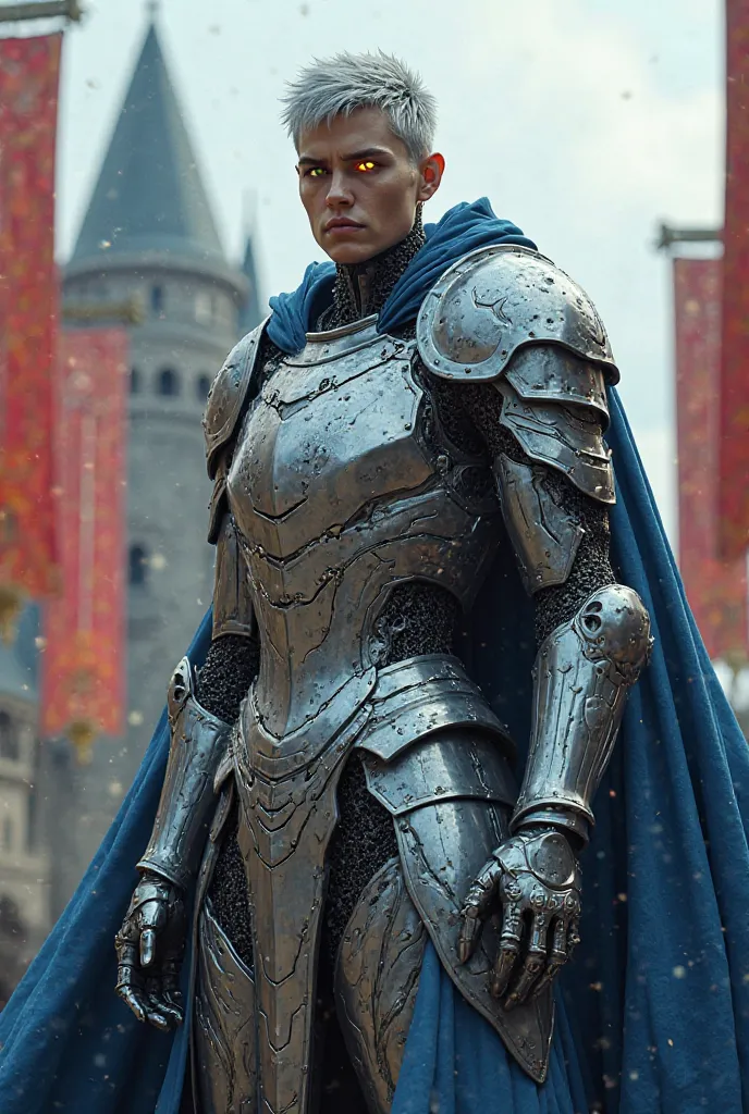 A medieval knight with short silver hair, detailed armor with a blue cape and a sword. The face is robotic with glowing eyes. Background with medieval castle and flags fluttering