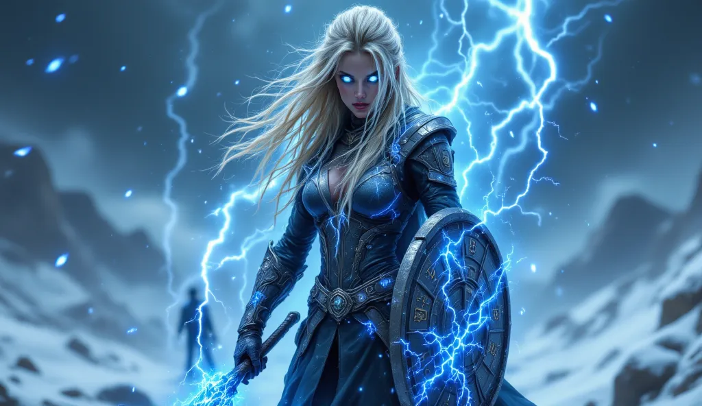 "A powerful and sexy female warrior of the Thunderbringers, wearing a sleek leather armor adorned with glowing blue runes. Her long blonde hair flows in the wind, and her eyes glow with electric energy. She holds a glowing spear in one hand and a shield in...