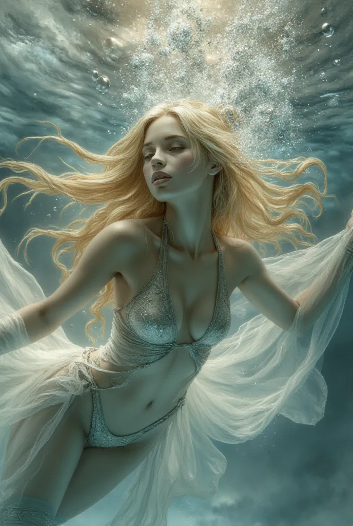 "A beautiful girl with long, flowing blonde hair floating underwater, illuminated by beams of light filtering through the surface. She wears an elegant, shimmering silver gown with lightweight, flowing fabrics that move with the water. The water is crystal...