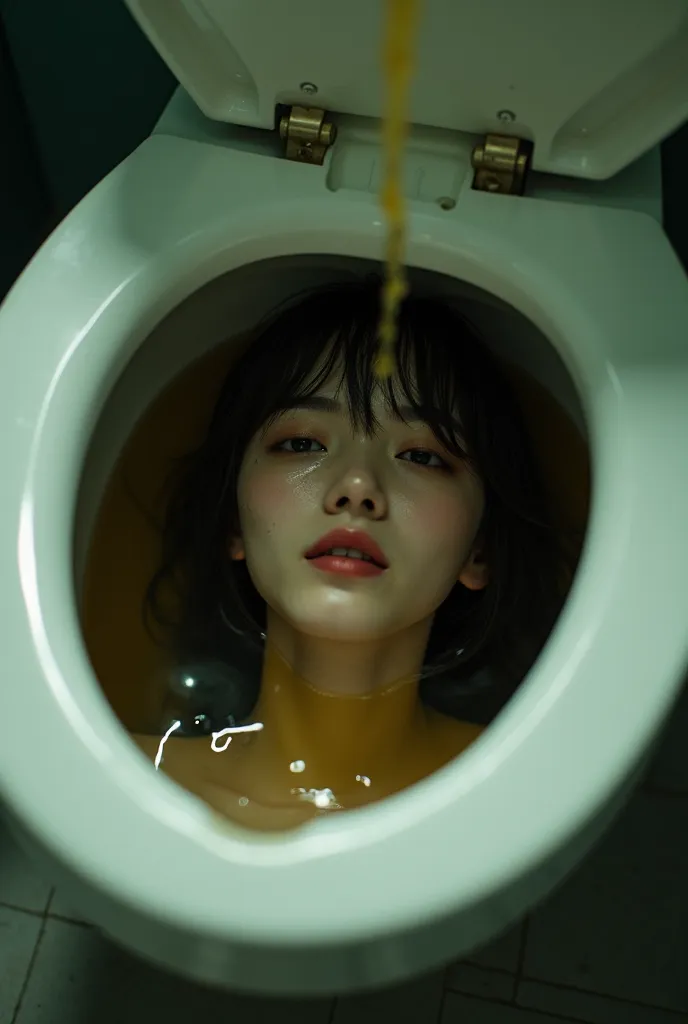 PoV,look down into a hole in the toilet,dark filthy space under the hole in the toilet,solo cute woman in the space,all fours,rikka takarada,yui kotegawa,marin kitagawa,Yellowish water is being poured on woman's face from off-screen