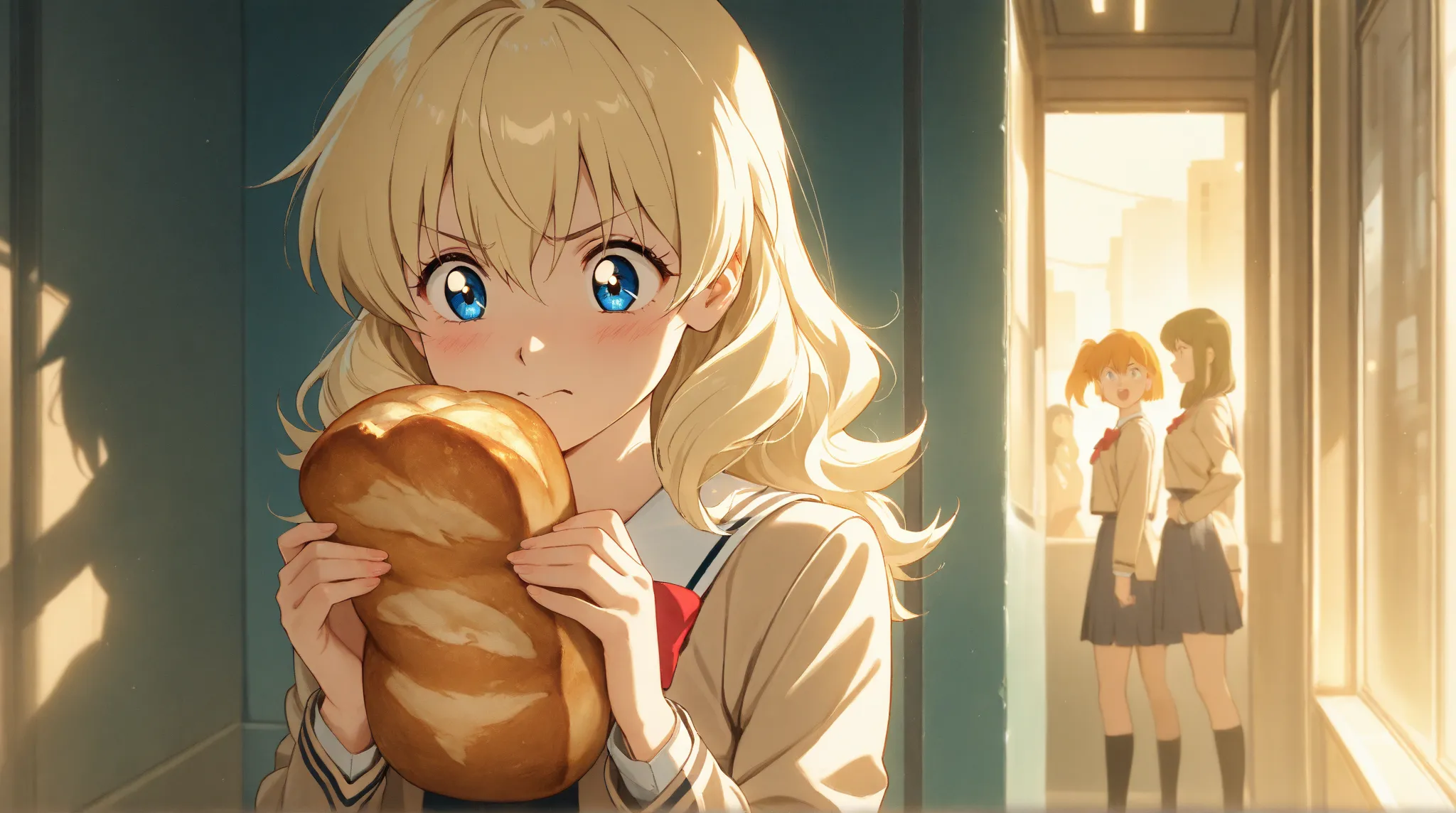 Hold the bread　Turn around a corner of the city　 sprinting　 unkempt hair above right eye　High School Girls　Can be avoided by your opponent　Niso　Anime movie style 　high quality　 long hair 