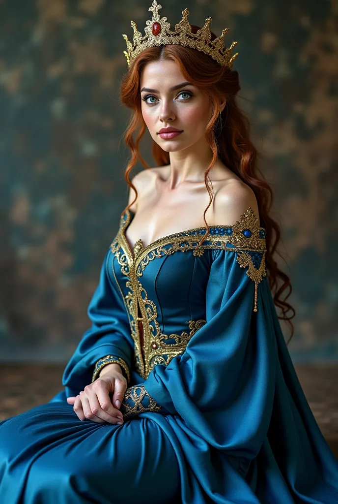 Hilda is an impressive woman,  with high cheekbones , plump lips and piercing blue eyes that seem to contain the very essence of the ocean. She is regally dressed in a deep blue silk dress, with intricate embroidery and gold filigree adorning the scabbard ...