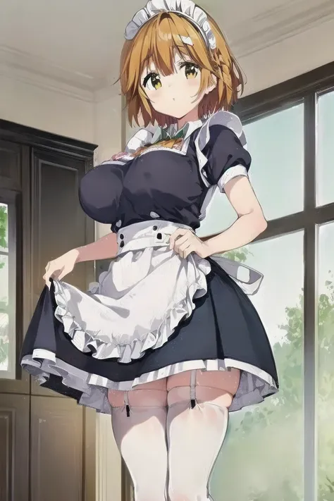 Koiwai Yoshino ,(masterpiece, best quality:1.2),2D, anime,  Anime art,  line art  , watercolor,loli, 1 girl , (orange hair), (large breasts:1.6),indoors,maid,(maid apron),(maid headdress),(short sleeves),thighhighs,(waist apron),(white apron:1.6),(white le...