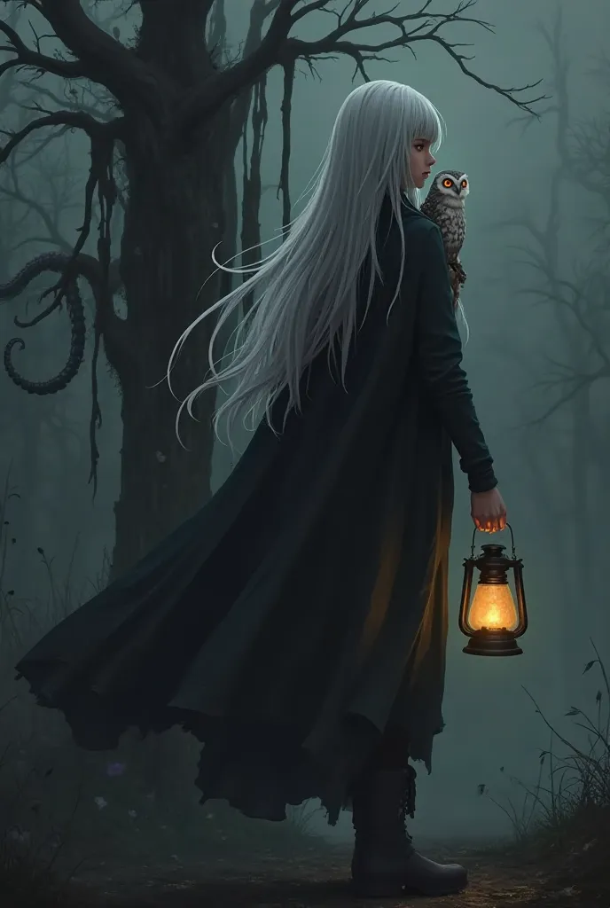 The main composition element：White-haired girl（allows you not to see your face），Black cape covers head，holding a lantern in his hand，standing on shoulder A small owl，owl pupil white，The main body of the Cthulhu style surrounding the background is a black o...