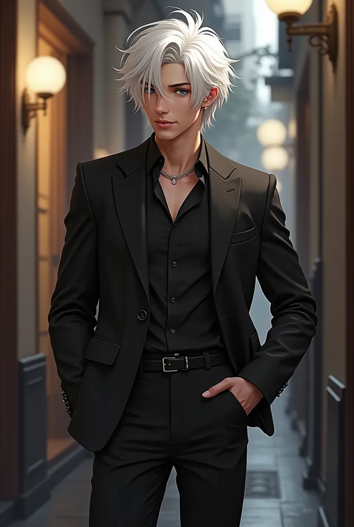 That character has white hair, Small Corner, and、 is wearing a black suit  . The character's pose suggests a carefree feeling, A slightly mischievous atmosphere.