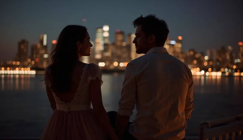 Jack and Amelia on the Balcony at Night – A romantic cityscape at night with soft glowing lights in the distance. Jack and Amelia sit close together on a balcony, holding hands and gazing at the skyline. Amelia’s elegant dress and Jack’s relaxed button-up ...