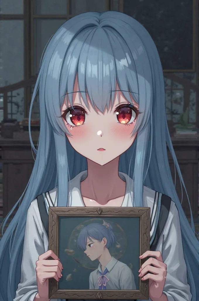  female , anime,  with long hair,  light blue hair color,  red eyes, school clothes, crying while looking at the picture frame.