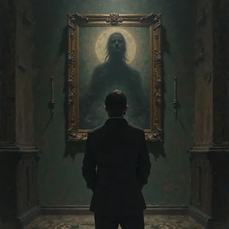 A dark and mysterious shadow emerging behind the person who observes the painting. The environment becomes even scarier, with a supernatural aura hanging in the air.
