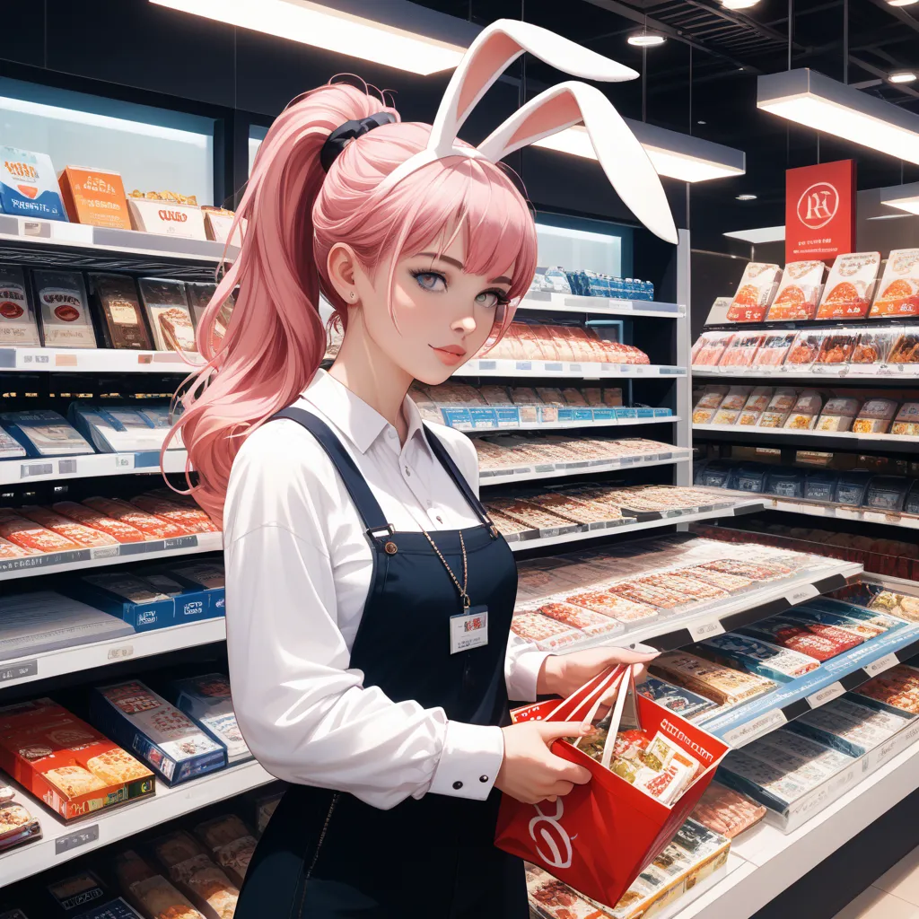 woman、long pink hair、loose wave、ponytail、gray eyes、 beauty、 clear、White rabbit ears、Shopping、brand shop background