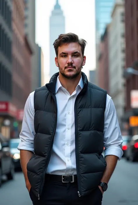 Create a high-quality photo of me taken by a Canon EOS R5 camera, male, 30 years, like a successful trader, wearing a puffer vest and white dress shirt, In New York , 