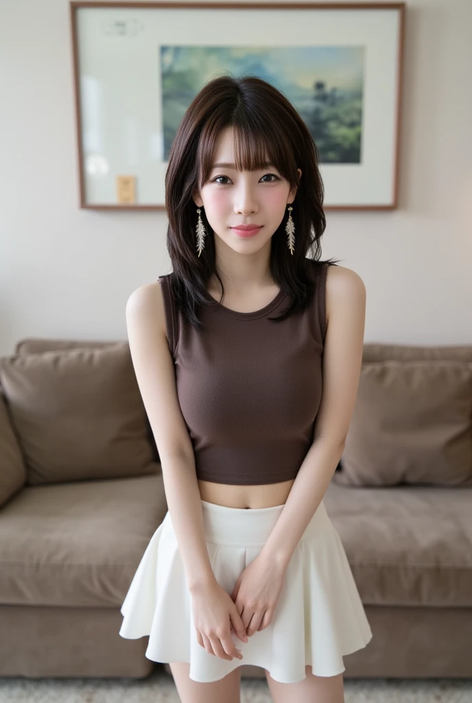 full bodyshot of rina hashimoto beautiful woman, very young woman with perfect breasts, serious face expression, (((black hair: 1.5), ponytail,standing at in her beautiful nice livingroom, high-resolution, gloomy light, dark brown blue t-shirt tank top and...