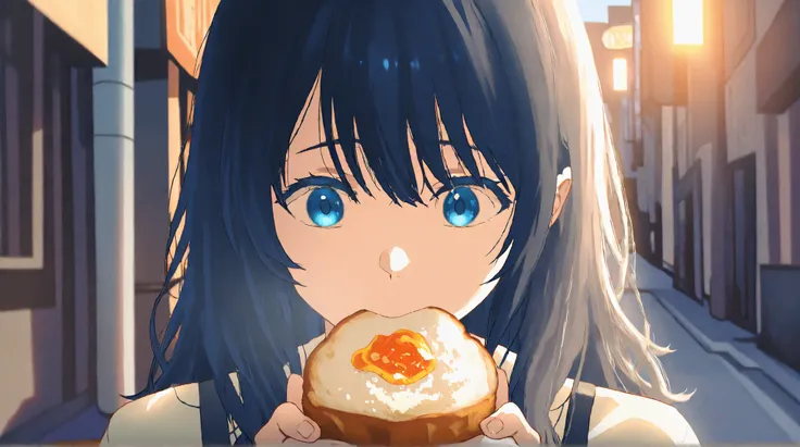 Holding a slice of bread　Turn around a corner of the city　 sprinting　 unkempt hair above right eye　High School Girls　Can be avoided by your opponent　Niso　Anime movie style 　high quality　 long hair 