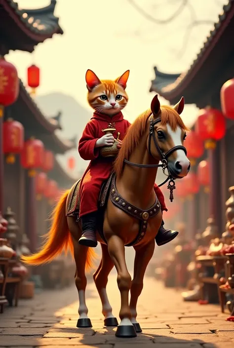 "An orange tabby cat dressed as a Shaolin kung fu master, wearing a red and gold monk robe, sitting confidently on a strong, majestic horse. The cat holds a traditional gourd-shaped water flask (bùdài hú) and tilts it back, drinking as if resting after a l...