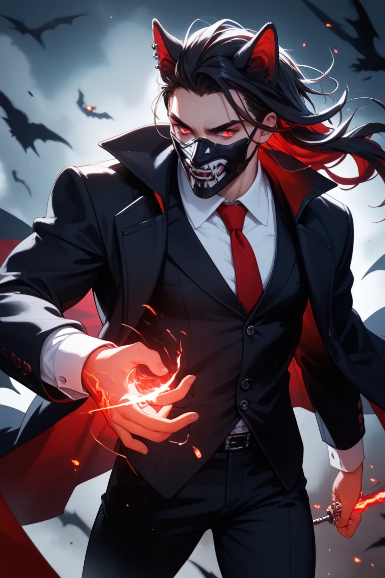 black wolf with red eyes standing in a dark place with red eyes、Put on a black mask、shirt with tie under a black coat、Vampire man wearing long black pants