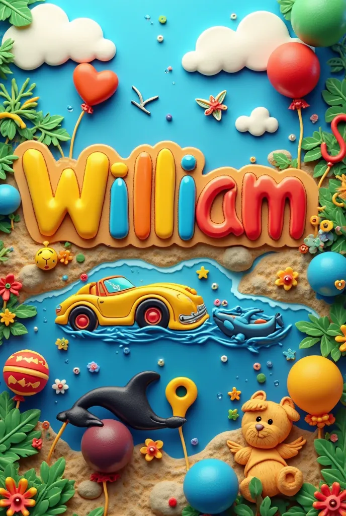 
  Create a vibrant scene on a bright background that celebrates love and friendship! Include:written in Portuguese (((( William))) Name

Foam shapes: Great Ferrari and Pitbull racing cars , blue, yellow, and green; piratas happys com rostos sorridentes

l...