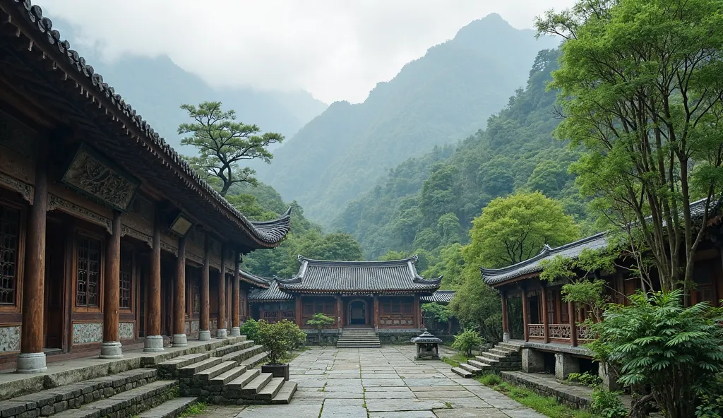 An ancient Shaolin Temple located in the heart of the mountains, with traditional wooden and stone structures. The temple is surrounded by lush greenery, bamboo groves, and towering trees. The architecture features intricate carvings and curved roofs typic...