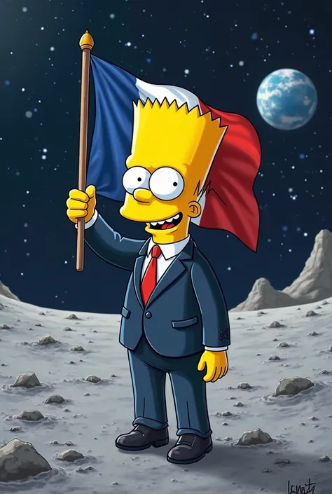 Emmanuel Macron Simpson with on the Moon with equipment grabs French flag in his hand 