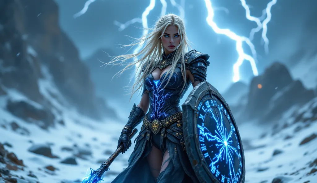 "A powerful and sexy female warrior of the Thunderbringers, wearing a sleek leather armor adorned with glowing blue runes. Her long blonde hair flows in the wind, and her eyes glow with electric energy. She holds a glowing spear in one hand and a shield in...