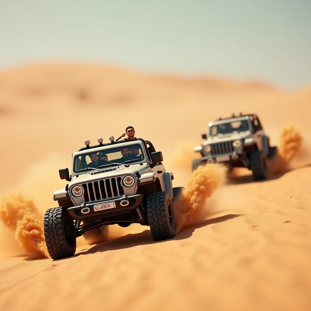 men driving jeeps at high speed on the Dune, practicing extreme sport, day. Miniature humans,Miniature world, Macro perspective, Dual scale contrast ,utopia aesthetic 