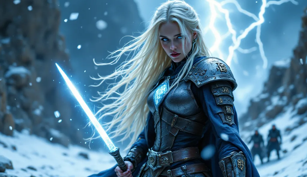 "A powerful and sexy female warrior of the Thunderbringers, wearing a sleek leather armor adorned with glowing blue runes. Her long blonde hair flows in the wind, and her eyes glow with electric energy. She holds a glowing spear in one hand and a shield in...