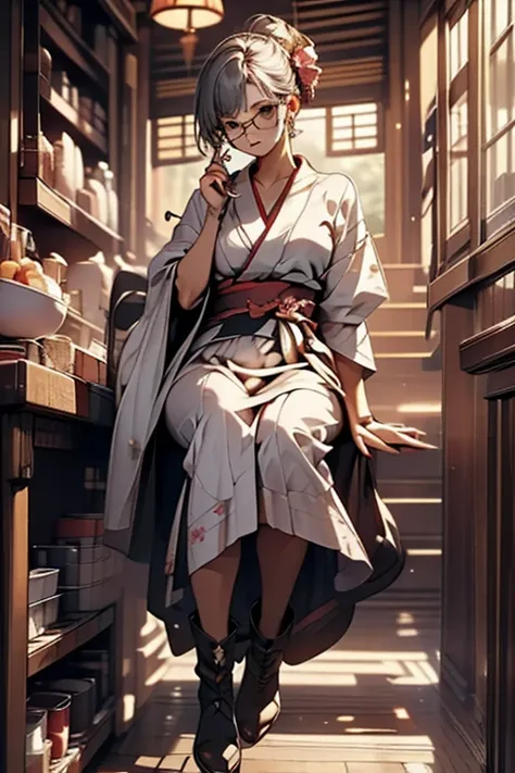 ((highest quality)), ((傑highest quality、masterpiece、High sensitivity、High Resolution、detailed description、delicate face depiction))Slender Woman、glasses、Short-sleeved kimono、work boots、holding a large pinwheel、