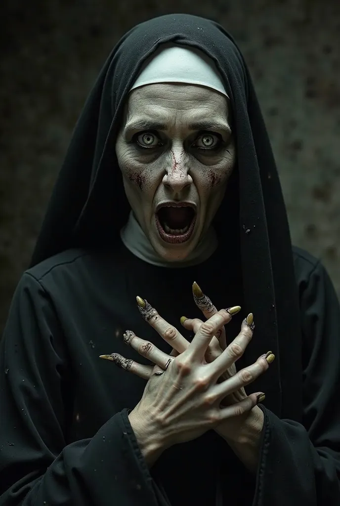 Imagine a sinister nun, dressed in a black habit worn by time, whose fabric seems aged and torn at some points. His face, pale as wax, reflects an inhuman expression of anguish and terror. The eyes, sunken and shining with an unnatural glow, they look inte...