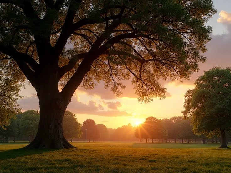 The scene is set in a tranquil park, where the golden hues of the sunset paint the sky in shades of orange, pink, and purple. A gentle breeze rustles the leaves of a large, leafy tree that provides a comforting shade.