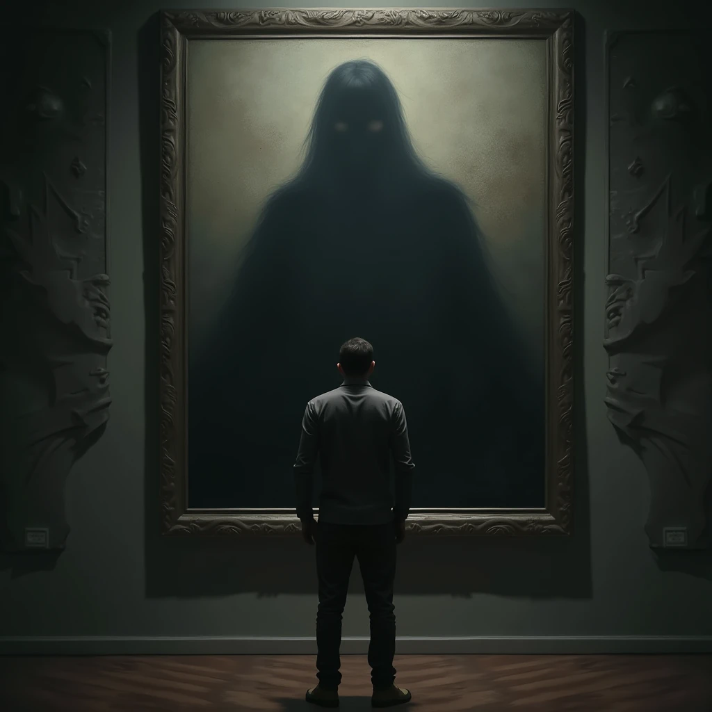 A dark and mysterious shadow emerging behind the person who observes the painting. The environment becomes even scarier, with a supernatural aura hanging in the air.
