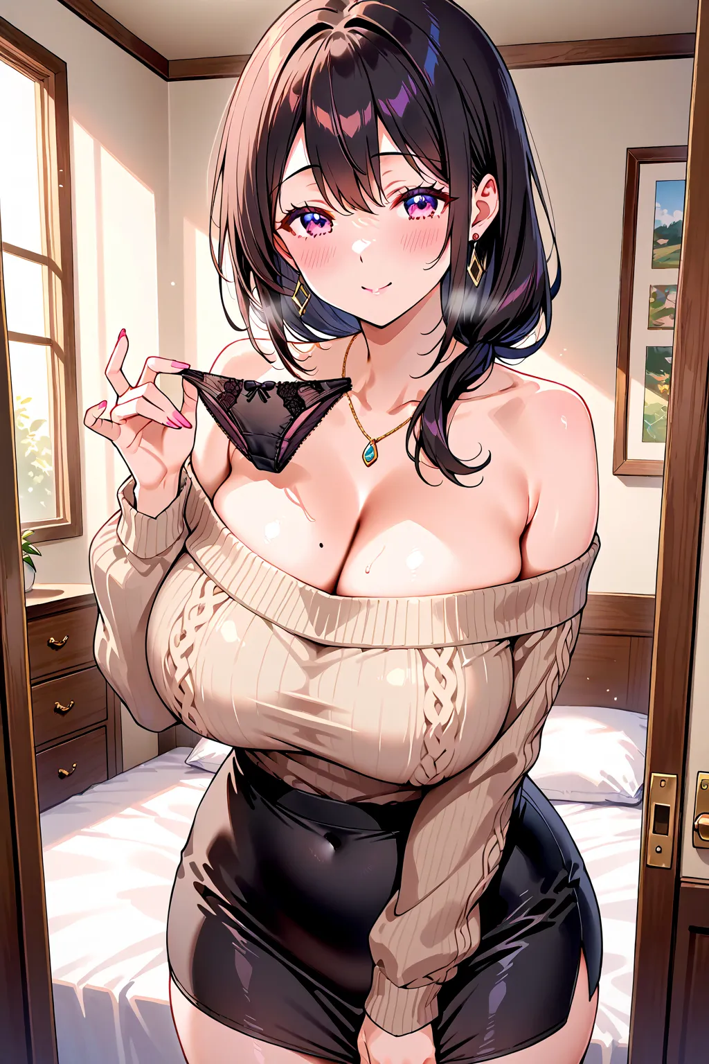 Mature Woman、mature woman、Married Woman、off-the-shoulder knitted sweater、tight skirt、big breasts outdoors at night、bedroom、Elegant room 、chest of drawers、chest of drawersの引き出しが開いている、sit、chest of drawersの中にはランジェリー、panties in hand、holding panties with both h...