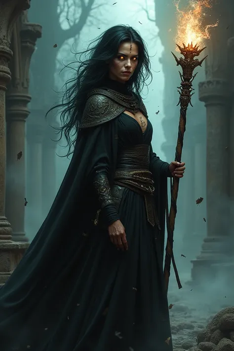 A dark fantasy sorceress with an aura of raw power. Her face is sharp and defined, with battle-worn scars hinting at past struggles. She has piercing, otherworldly eyes that glow dimly, not in a soft ethereal way, but like the last embers of a dying fire. ...