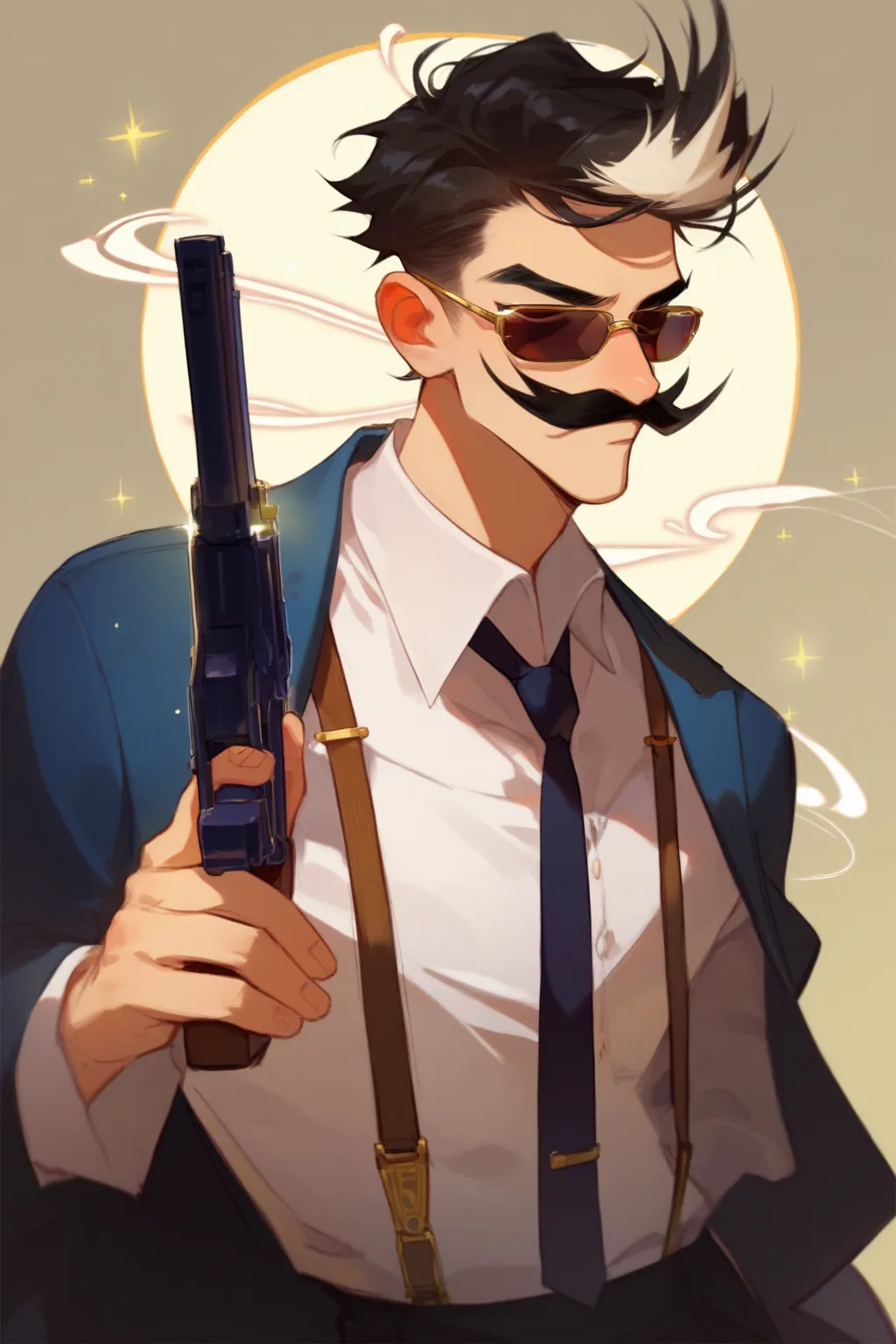 Light brown skinned man, thin, black hair with a white streak in the front on the right side. Dressed in formal wear. With a white shirt. Black tie and brown suspenders. He has a thick, curved mustache. He is wearing sunglasses and holding a pistol. He has...