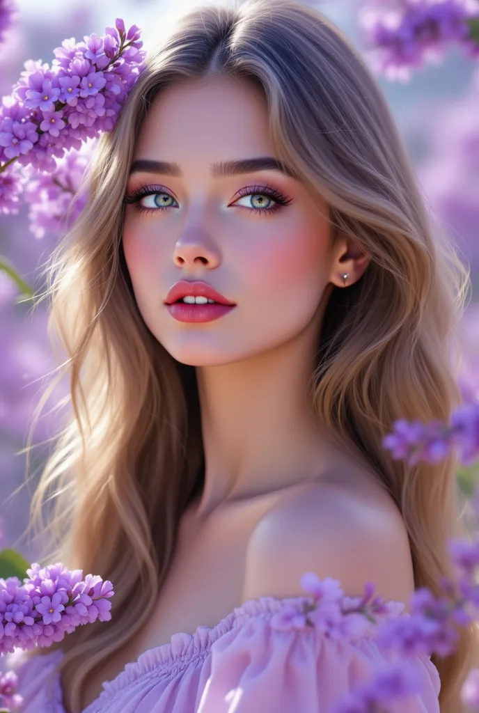 pinkfluxproultrafantasia, ((masterpiece, best quality)), a very beautiful portrait of a pretty russian girl illustration Giving lilac flowers, she has beautiful long hair till above her shoulder, little dusky skin, pixiv illustration, masterpiece, best qua...