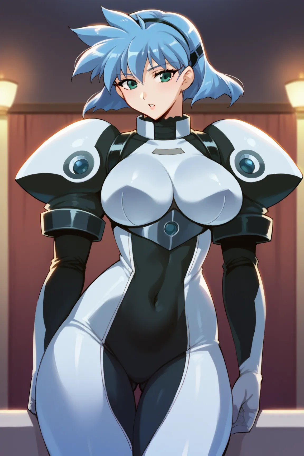 score_9, score_8_up, score_7_up, score_6_up, score_5_up, score_4_up, masterpiece, best quality, BREAK,
1girl, indoors, meia, blue hair female, short hair, large breasts, bodysuit, hairband, armor