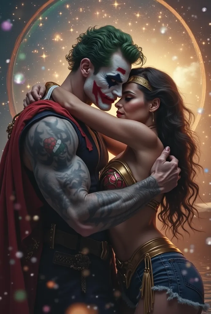 Masterpiece, Need for Good, a muscular joker wearing palestine flag pattern shirt. kissing and cuddling a big breast wonder Woman, Dark Theme, Magic Array, Bubbles, Rainbow Sunlight, Underwater, Mirror, Floating Glass Sheets, Rainbow Light, Bubble Swirl, W...