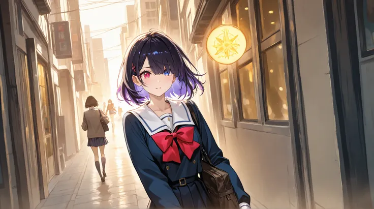 Hold the bread　Turn around a corner of the city　run　 unkempt hair above right eye　High School Girls　Can be avoided by your opponent　Niso　Anime movie style 　high quality　 long hair 