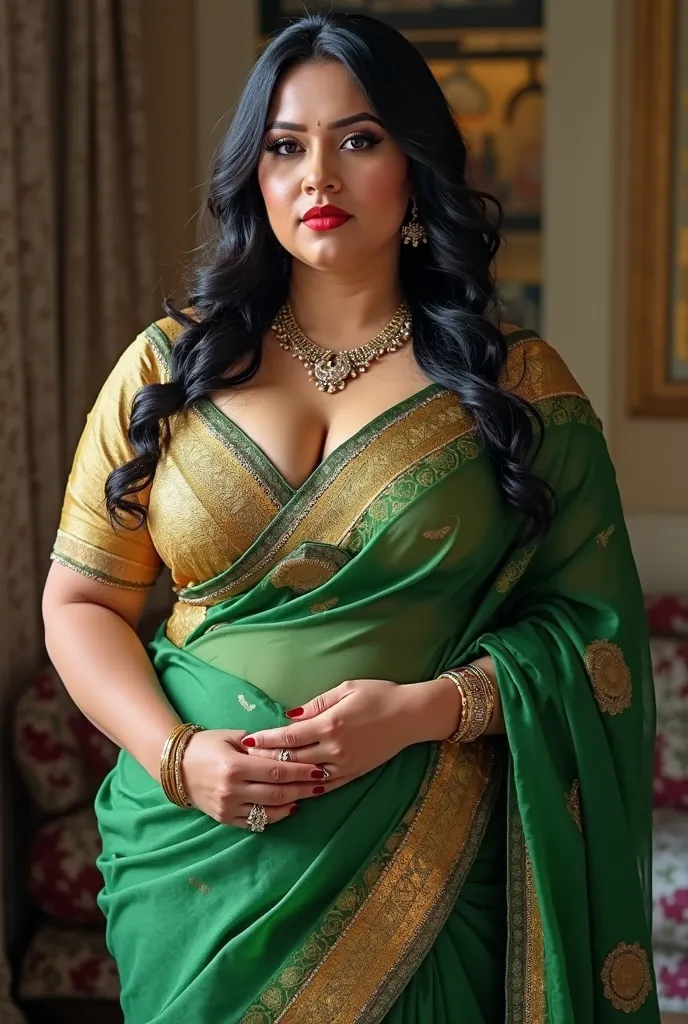 Chubby SBBW, pale-skinned, black-haired, busty European woman wearing a Green and gold saree. Woman is showing a lot of cleavage as well as the top slopes of her heavy breasts, since her blouse's neckline is very low. Woman has 38E breasts, fat rolls on he...