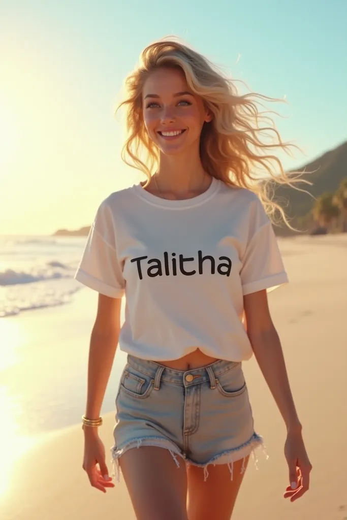 Young lady wearing a white shirt with the name talitha printed on the front of it and she was walking down the beach 