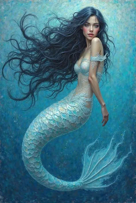 Oil painting of a very long black curly haired mermaid with pale blue skin in the sea.