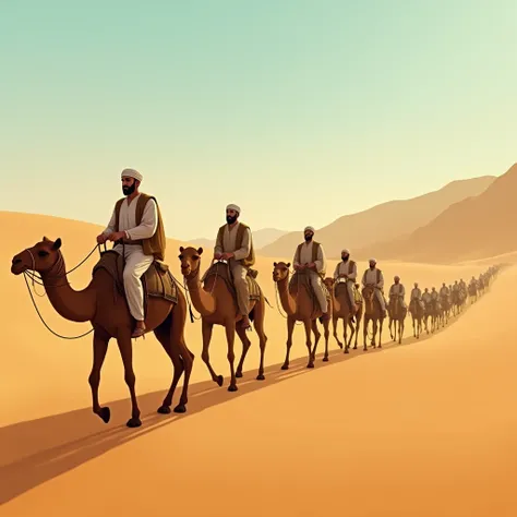 A small group of Muslims, including Hazrat Usman (RA) and Ruqayyah (RA), are traveling through a desert landscape, heading towards Abyssinia. They look determined yet weary, their journey symbolizing their devotion to Islam. The scene captures the vastness...