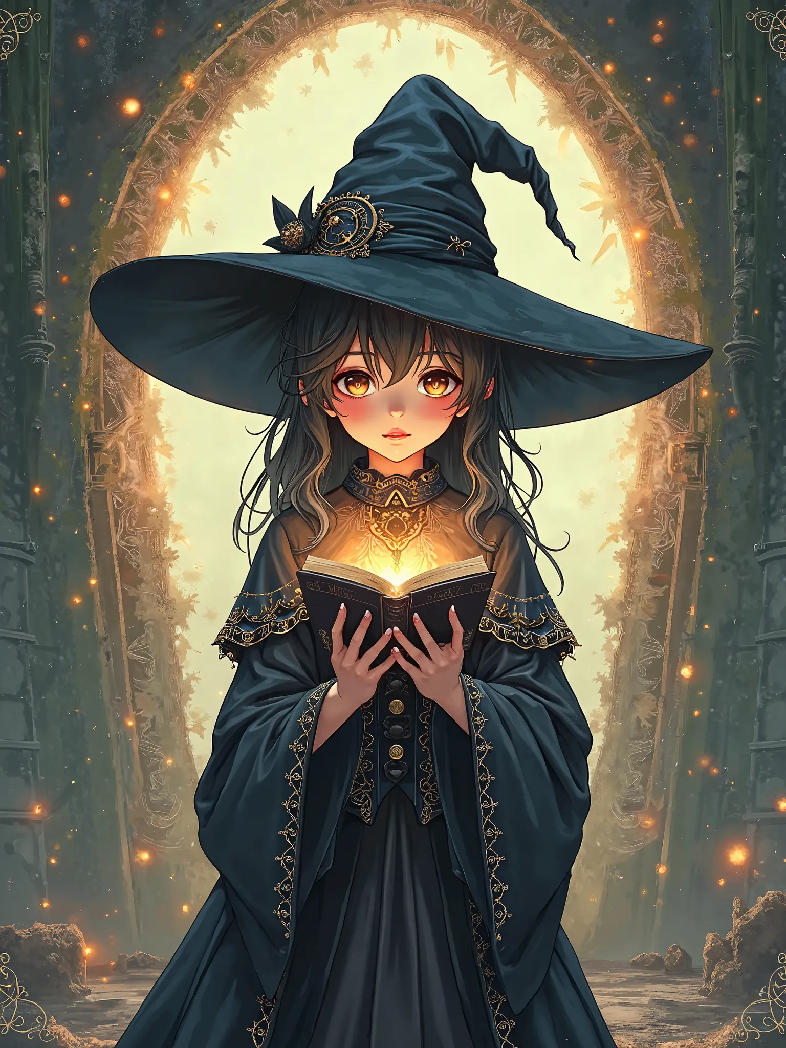 6. Witch Girl with a Floating Spellbook "A cute anime-style witch girl with a large, pointy hat and a magical floating spellbook. She is dressed in a gothic lolita-style outfit and stands in front of an ancient glowing portal, casting a charming yet powerf...