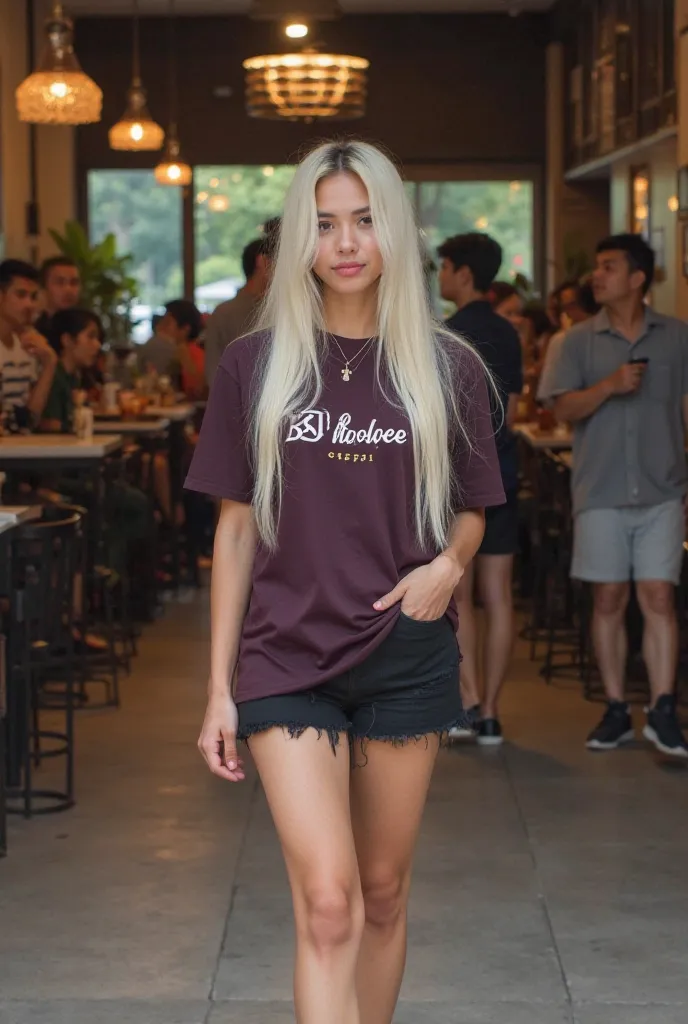 Portrait of a long-haired, white-skinned woman wearing black shorts, a dark purple shirt embroidered with BPthai lettering, wearing black shoes, Asian people walking into a coffee shop named BP Coffee. Inside, there are a lot of people sitting and drinking...