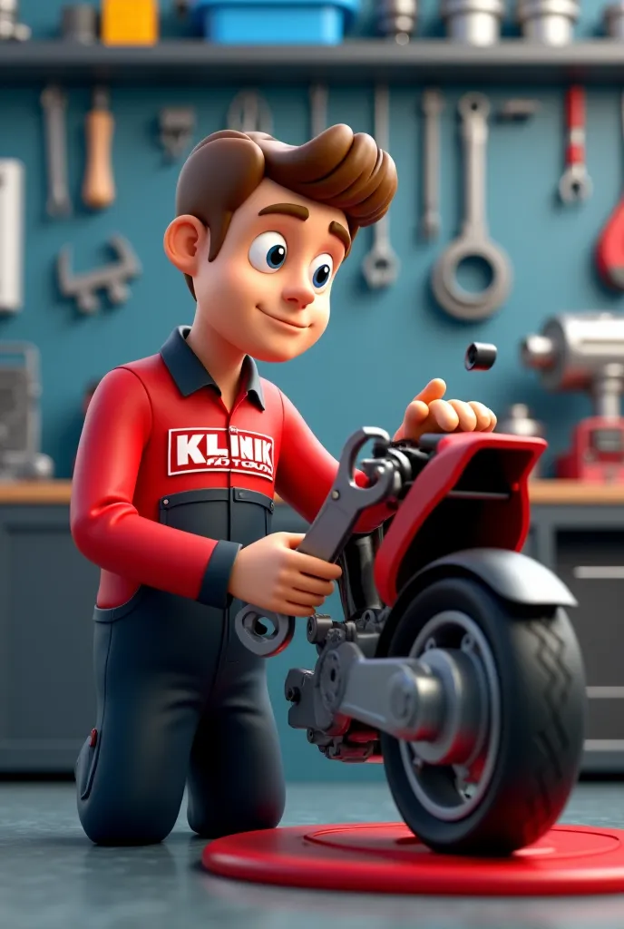 "A 3D cartoon-style scene of a motorcycle mechanic repair a bike engine.The mechanic is wearing a red+black uniform with the text 'KLINIK MOTOR' on it. The background shows a clean and organized workshop with tools and spare parts neatly arranged on shelve...