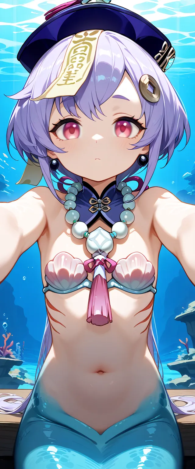 1girl,  slim,closed mouth, qiqi Genshin IImpact, Red eyes, short hair,curious face, face, nude, flat chest, Bedroom, sitting, does not look at the viewer,  the view in front of , hands below , lying down, purple hair, navel, mermaid,  gills, sharp ears,  s...