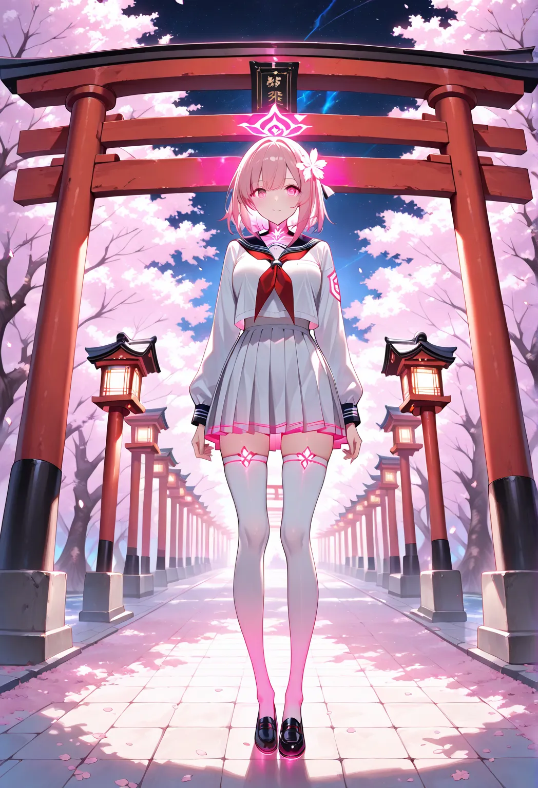 (Best Quality), (Very detailed), (Best illustrations),Gravure Model,night, lanterns, serafuku,(red torii and cherry blossoms background:1.3), (masterpiece:1.3),best quality, ultra detailed, complex detail, maximum resolution, (aesthetic:1.3, absurdres:1.3)...