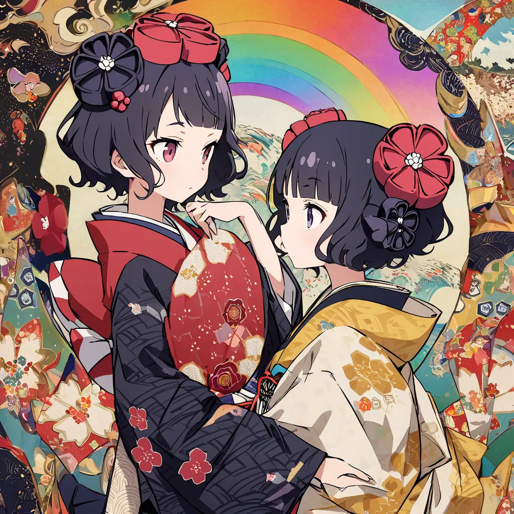 sideview,(looks away),best quality,  Let's take a peek at Style Hokusai ,  black hair,red eyes, wonderful kimono ,kaleidoscope,  rich and colorful  , traditional Japanese style, Alice in Wonderland