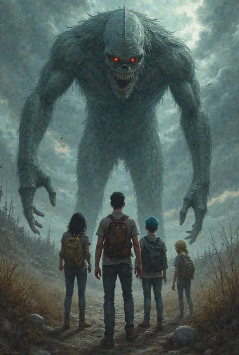 Book cover,  Name  "3 days of the end", it shows 4 friends (emma, dark-haired girl, jane, blue-haired girl, William, dark haired guy and Drake, blond with black hair strand), and the monster (Morbiez)