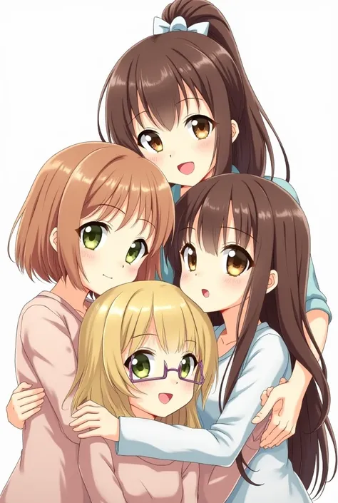 Drawing of four girls, embraced.
One of them brown hair, high ponytail with bow,  with straight bangs , brown eyes and red lips.
Another girl with wavy hair half a hair green eyes,  brown lips .
Another girl with straight blonde hair half a hair, green eye...