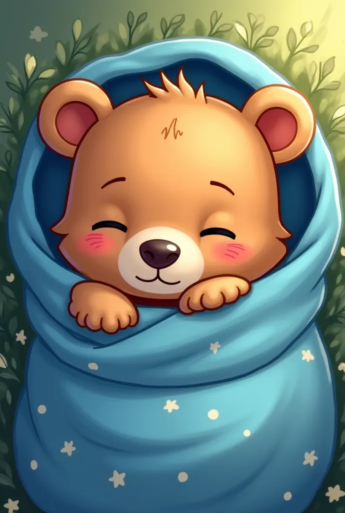 
cartoon style brown bear cub sleeping with blue cover